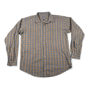 Patagonia Shirt Adult MEDIUM Brown Blue Plaid Flannel Organic Cotton Outdoor